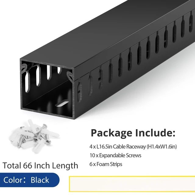 Alt view image 4 of 7 - 1.4"H x 1.6"W Cable Raceway, 66in Under Desk Wire Management Channel, Black Slotted Wire Duct,4Pack, 16.5in Each, Heavy-Duty PVC Cable Management for Server Racks, Network Cables & Electrical Cabinets