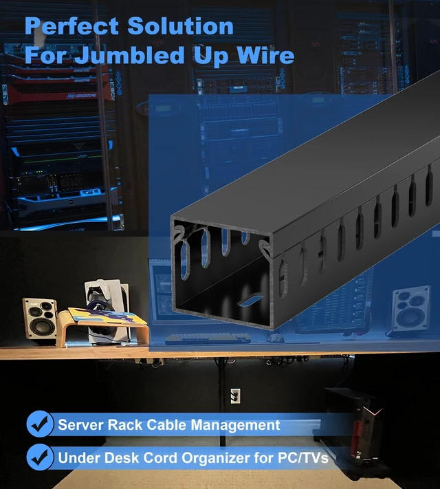 Alt view image 5 of 7 - 1.4"H x 1.6"W Cable Raceway, 66in Under Desk Wire Management Channel, Black Slotted Wire Duct,4Pack, 16.5in Each, Heavy-Duty PVC Cable Management for Server Racks, Network Cables & Electrical Cabinets
