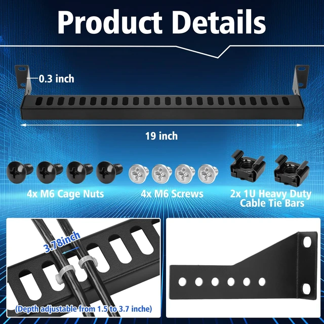 Alt view image 2 of 7 - 2 Pcs 1u 19 Inch Rack Mount Cable Management Horizontal Bracket 24 Slot Adjustable Depth Horizontal Network Cable Lacing Cross Support Bar for Patch Panels/Switches