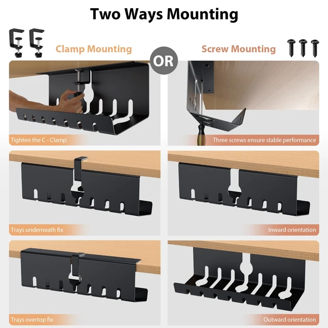 Alt view image 2 of 7 - Under Desk Cable Management, Cord Management, Black, 17inch, 2 Set | No-Drill C-Clamp and Screw Mount, Metal Desk Wire Organizer for Office Home Workspace, Cord Organizer with 10 Cable Ties