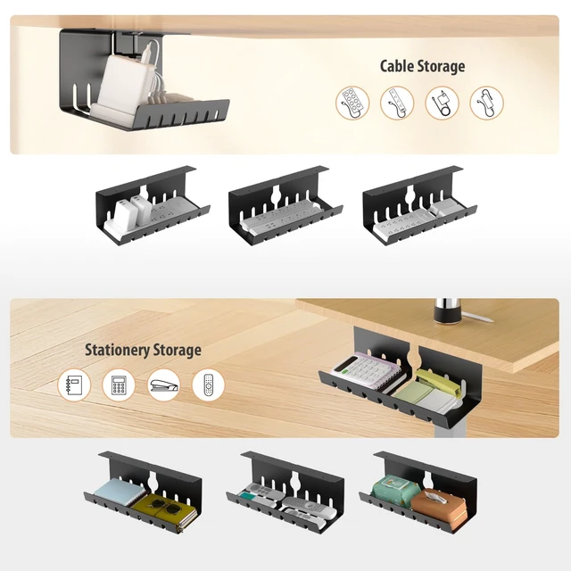 Alt view image 3 of 7 - Under Desk Cable Management, Cord Management, Black, 17inch, 2 Set | No-Drill C-Clamp and Screw Mount, Metal Desk Wire Organizer for Office Home Workspace, Cord Organizer with 10 Cable Ties