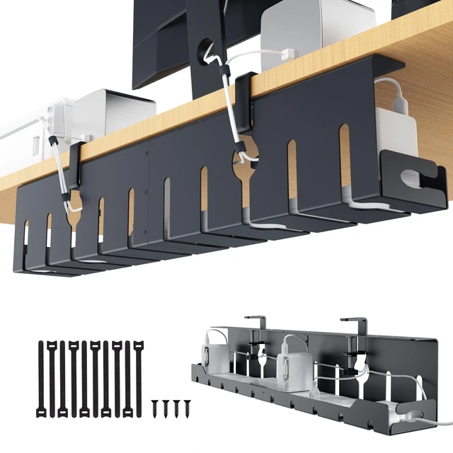 Main image of Under Desk Cable Management Tray 32 in, Metal Cable Holder, Black | Open Frame Cable Raceways, No Drill Clamp/Screw Mount, Cord Organizer for Home Office & Standing Desk