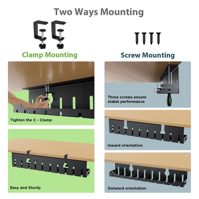 Alt view image 2 of 7 - Under Desk Cable Management Tray 32 in, Metal Cable Holder, Black | Open Frame Cable Raceways, No Drill Clamp/Screw Mount, Cord Organizer for Home Office & Standing Desk