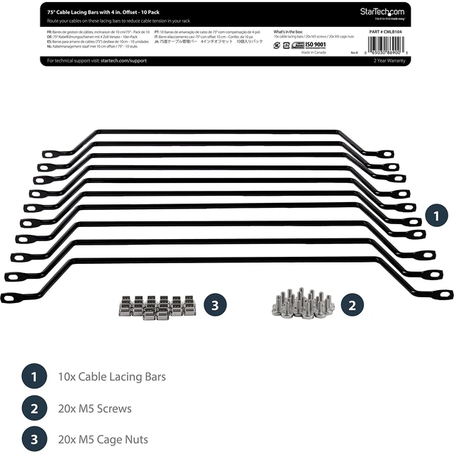 Alt view image 2 of 6 - 10-Pack Lacing Bar with 4in Offset for 19in Rack, Steel (CMLB104) | 10.2cm offset at 75 degrees, Server rack cable management, Network rack-mount cord organizer, Each 1/3 of 1U