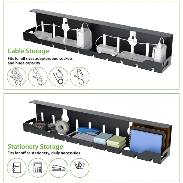 Alt view image 4 of 7 - Under Desk Cable Management Tray 32 in, Metal Cable Holder, Black | Open Frame Cable Raceways, No Drill Clamp/Screw Mount, Cord Organizer for Home Office & Standing Desk
