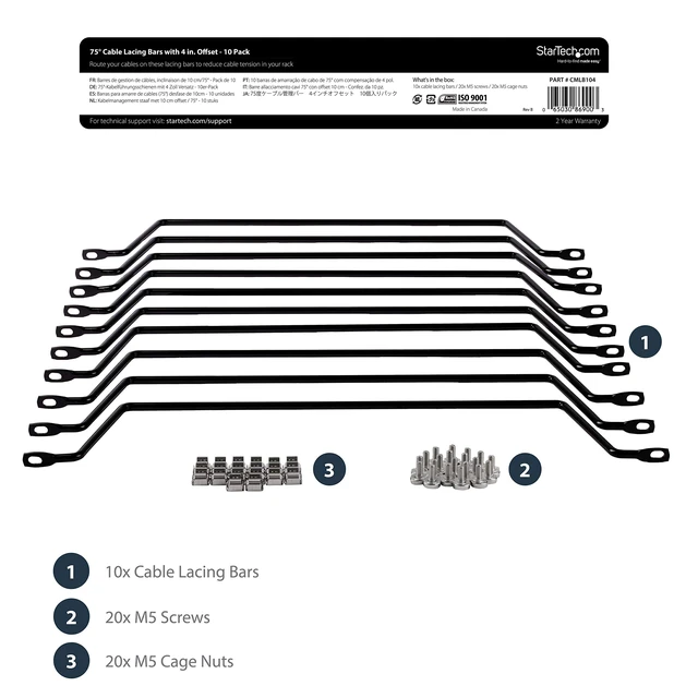 Alt view image 5 of 6 - 10-Pack Lacing Bar with 4in Offset for 19in Rack, Steel (CMLB104) | 10.2cm offset at 75 degrees, Server rack cable management, Network rack-mount cord organizer, Each 1/3 of 1U