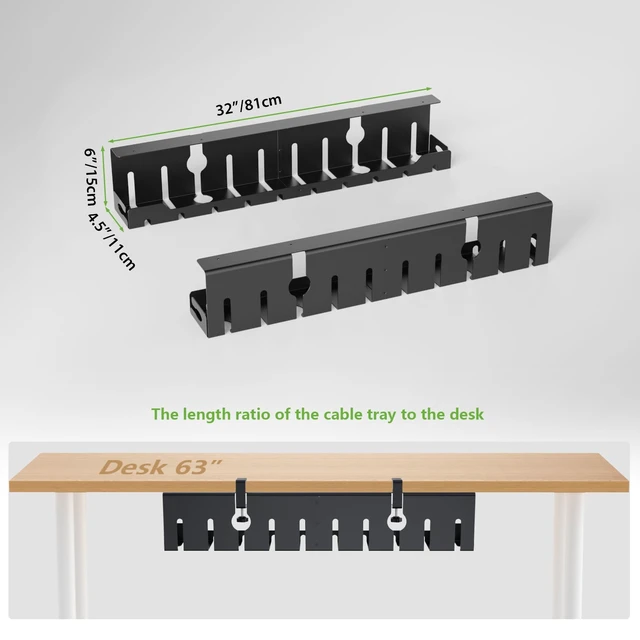 Alt view image 5 of 7 - Under Desk Cable Management Tray 32 in, Metal Cable Holder, Black | Open Frame Cable Raceways, No Drill Clamp/Screw Mount, Cord Organizer for Home Office & Standing Desk