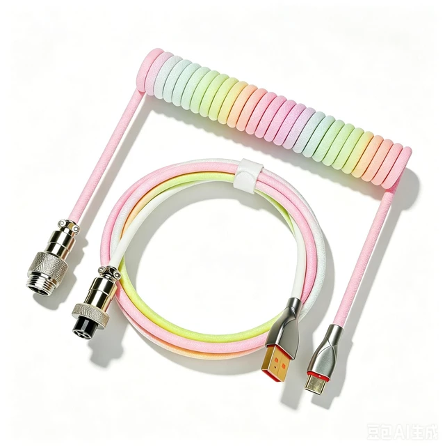 Main image of Type-C Coiled Cable for Gaming Keyboard,Double-Sleeved Mechanical Keyboard Cable with Detachable Metal Aviator Connector,1.5M USB C to USB A. (Rainbow)