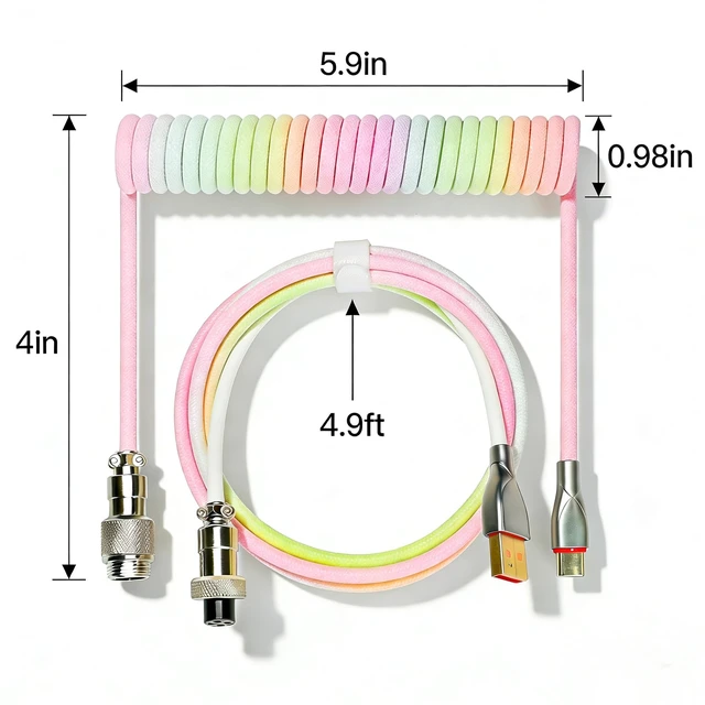 Alt view image 2 of 7 - Type-C Coiled Cable for Gaming Keyboard,Double-Sleeved Mechanical Keyboard Cable with Detachable Metal Aviator Connector,1.5M USB C to USB A. (Rainbow)