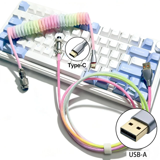 Alt view image 4 of 7 - Type-C Coiled Cable for Gaming Keyboard,Double-Sleeved Mechanical Keyboard Cable with Detachable Metal Aviator Connector,1.5M USB C to USB A. (Rainbow)