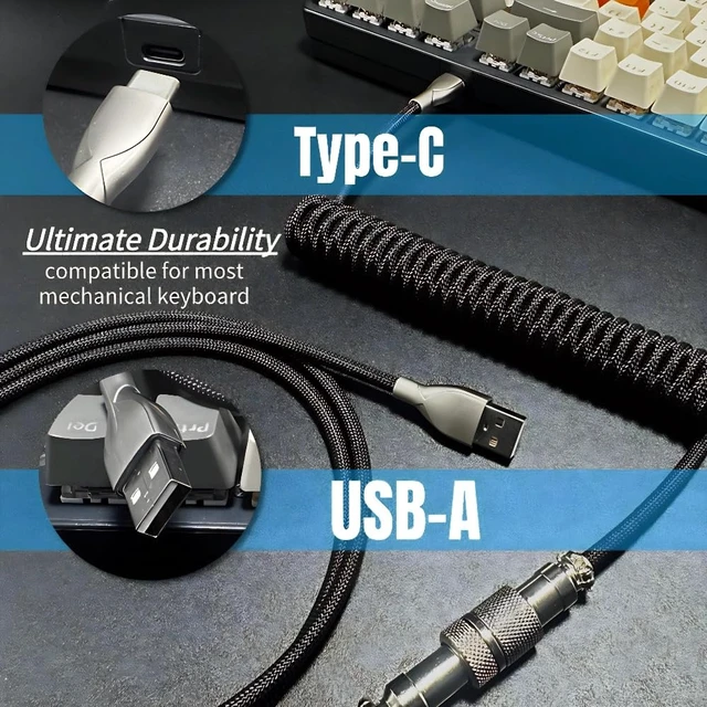 Alt view image 3 of 6 - USB C Coiled Keyboard Cable - Gaming Keyboard Coil Cord,Custom Type Braided Mechanical Cable with Detachable Metal Aviator Wire, 1.5M USB-C to USB-A, Computer Decoration Wire Black