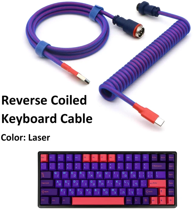 Alt view image 2 of 7 - Reverse Coiled USB-C Keyboard Cable, Double-Sleeved Mechanical Keyboard Cable with Detachable Metal Aviator, 5FT USB-C to USB-A (Laser)