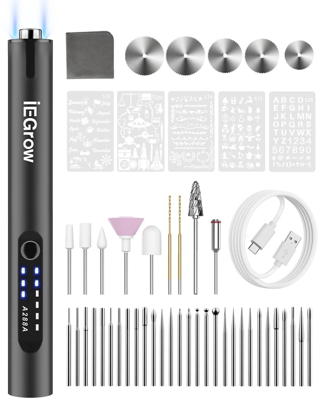 Alt view image 2 of 6 - Electric Engraving Pen with Light, DIY Electric Etching with 44 Bits,Grey | USB Rechargeable Cordless Rotary Tool,Engraving Pen for Metal, Wood, Glass and Plastic