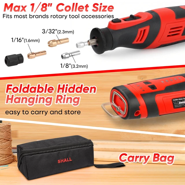 Alt view image 7 of 7 - 8V Cordless Rotary Tool Kit, Lightweight 2.5 Ah Battery Rechargeable Dog Nail Grinder w/ 122 Accessories, 5-Speed Power Rotary Tool for Sanding, Carving, Polishing, Engraving, Pet Grooming