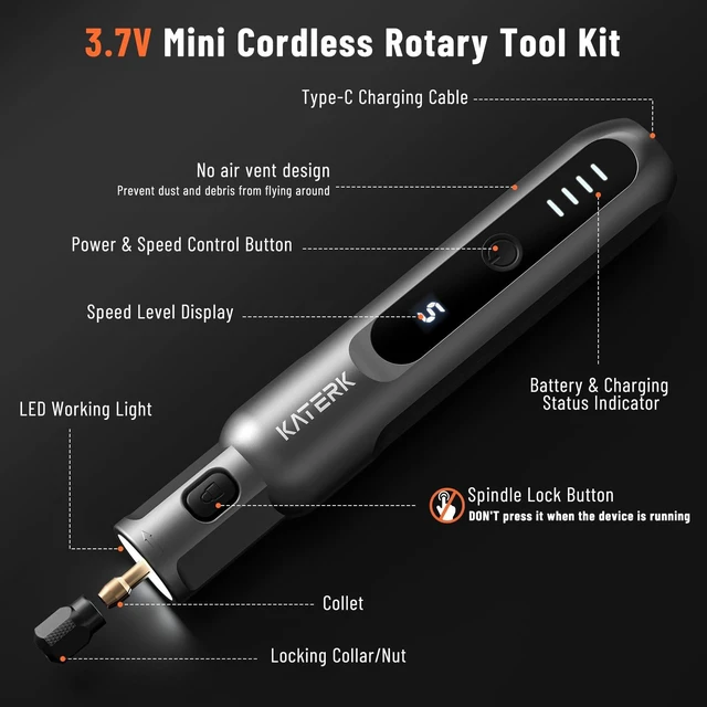 Alt view image 3 of 7 - 3.7V Mini Cordless Rotary Tool, 5-Speed 70 Pcs Kit for Crafts DIY | Rechargeable 2500mAh, USB-C, LED Light, Small Handheld Rotary Tool for Etching, 3D Printed Sanding, Carving, Polishing