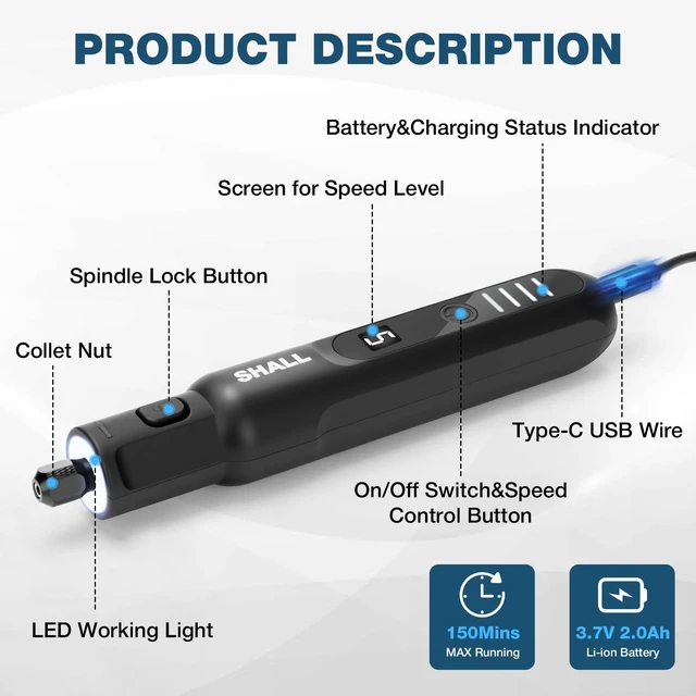 Alt view image 6 of 7 - Cordless Rotary Tool Kit, 3.7V Mini Rotary Tool with 5 Speed and 104 Accessories, Multi-Purpose Power Engraving Tool for Sanding, Cutting, Carving, Drilling, Polishing, DIY Crafts - Type-C