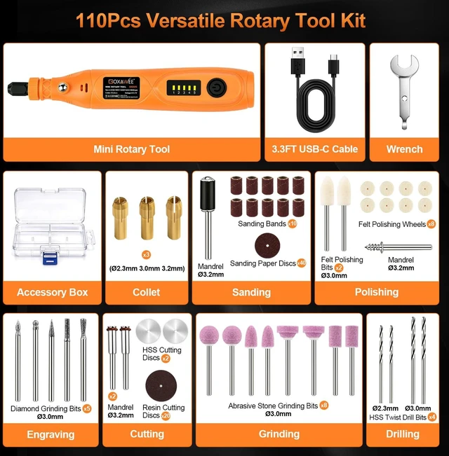 Alt view image 5 of 7 - Mini Cordless Rotary Tool Kit, 110Pcs for DIY Crafts & 3D Prints | 5 Variable Speed Rechargeable Wireless Small Grinder Drill Set for Crafting Sanding Engraving Cutting Grinding Polishing