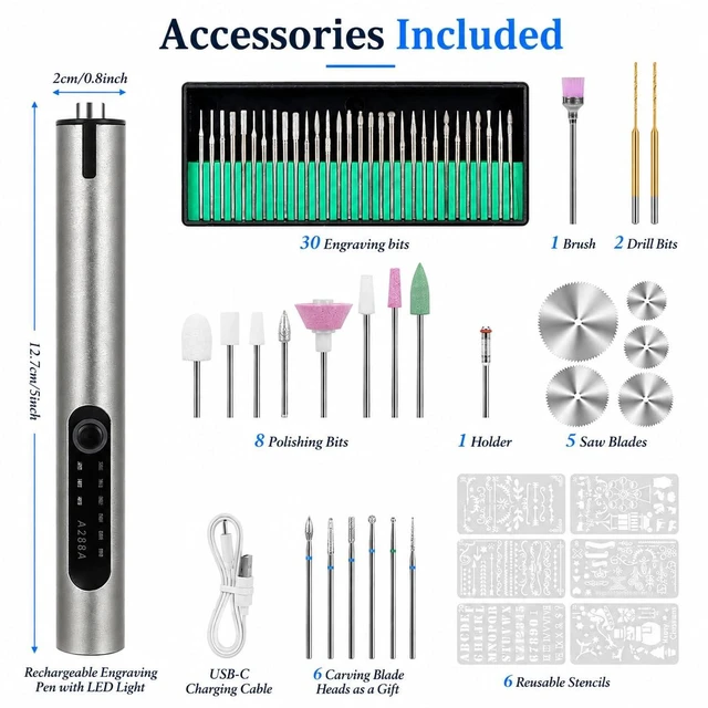 Alt view image 2 of 7 - Engraving Pen, USB Rechargeable Cordless Rotary Tool with 51 Bits & LED Light, Electric Engraver for Metal, Wood, Glass, Plastic, Ceramic, DIY Craft Engraving Tool Kit for Personalized Gifts