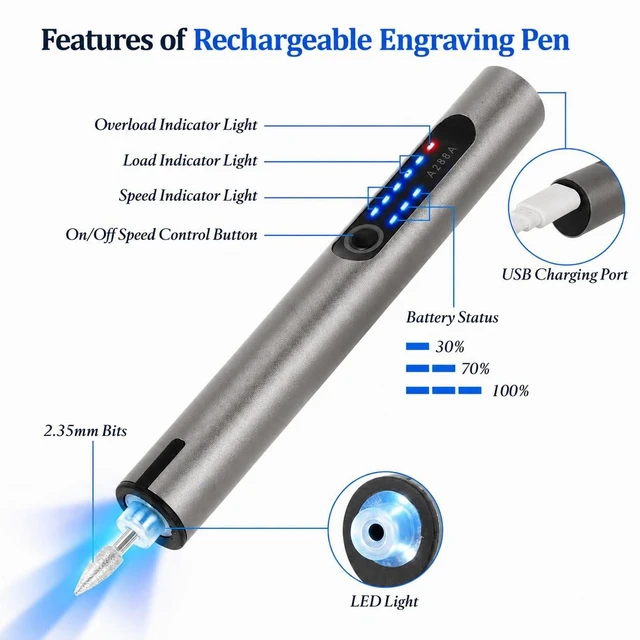 Alt view image 4 of 7 - Engraving Pen, USB Rechargeable Cordless Rotary Tool with 51 Bits & LED Light, Electric Engraver for Metal, Wood, Glass, Plastic, Ceramic, DIY Craft Engraving Tool Kit for Personalized Gifts