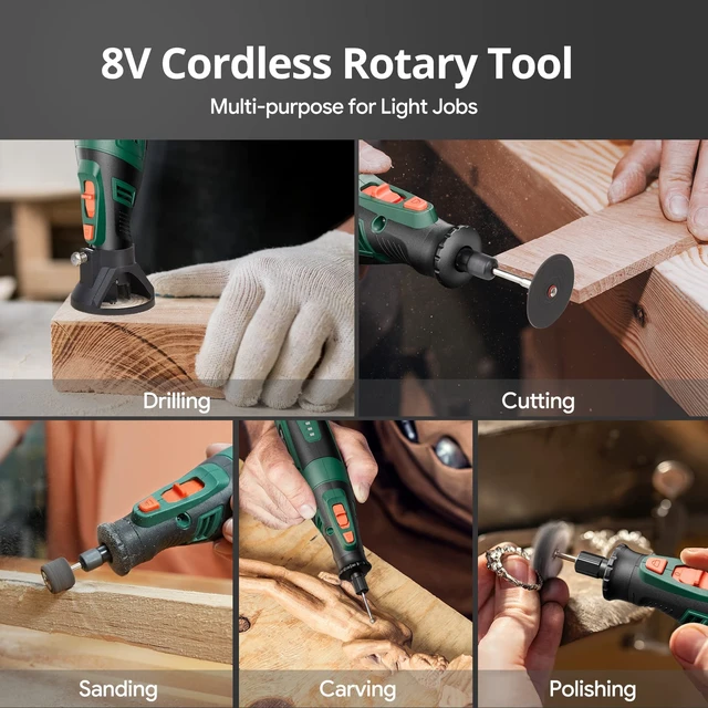 Alt view image 5 of 7 - Cordless Rotary Tool Kit, 8V 2.0Ah Rechargeable Battery, 30000RPM | 127Pcs Accessories, 5 Variable Speed Power Carving Tools, Shield Attachment, for Sanding Polishing Drilling Cutting DIY Craft