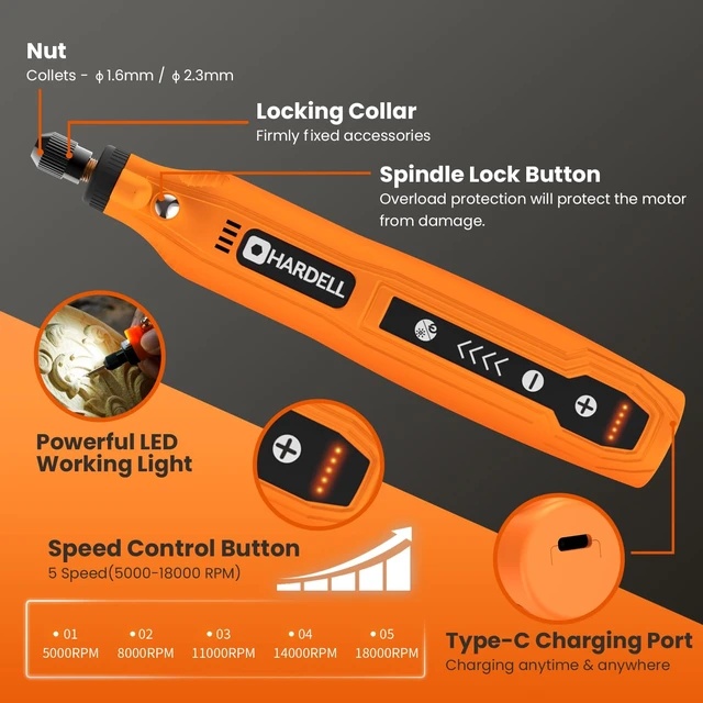 Alt view image 6 of 7 - Mini Cordless Rotary Tool, 5-Speed 129pcs Gift Kit for DIY Crafts | 5,000-18,000 RPM, 0.3LB Engraving Pen, LED Work Light for Sanding, Polishing, Engraving, Drilling & 3D Printing