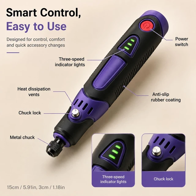 Alt view image 7 of 7 - Cordless Rotary Tool Kit, 3.6V Mini Rotary Tool with 82 Accessories, 3 Variable Speed Rechargeable Engraving Pen for Wood, Glass, Metal, Electric Grinder for DIY Crafts, Sanding, Polishing