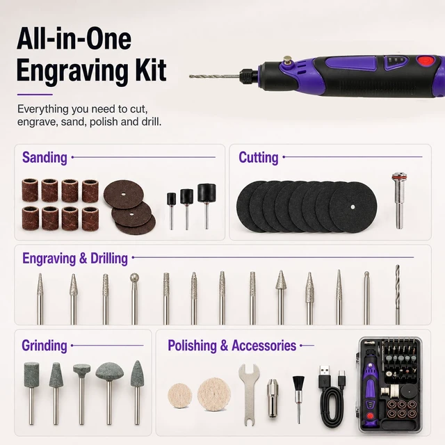 Alt view image 6 of 7 - Cordless Rotary Tool Kit, 3.6V Mini Rotary Tool with 82 Accessories, 3 Variable Speed Rechargeable Engraving Pen for Wood, Glass, Metal, Electric Grinder for DIY Crafts, Sanding, Polishing