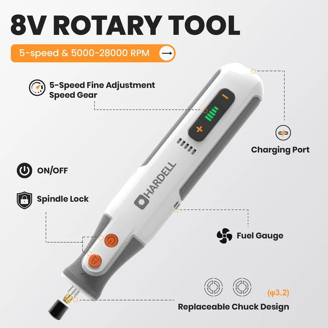 Alt view image 2 of 7 - 8V Cordless Rotary Tool Kit, 5-Speed with 80Pcs & 28000RPM, for DIY | Cordless rotary tool ,5 variable speeds,80 accessories,sanding, polishing, engraving, grinding ,drilling& DIY projects