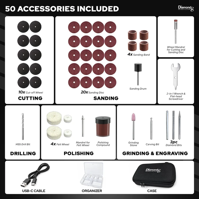 Alt view image 6 of 7 - Cordless Rotary Tool Kit, 8V, 5-Speeds - 50pcs DIY Accessories | 8000-28000 RPM, 2000mAh, 360° LED, USB-C Rechargeable Power Rotary Tool for Sanding, Polishing, Drilling & 3D Print Finishing
