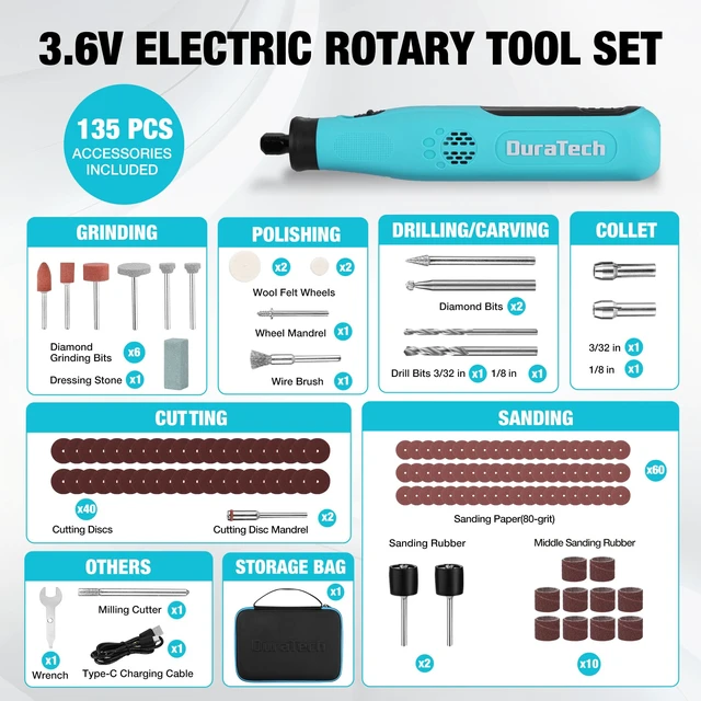 Alt view image 2 of 7 - 3.6V Cordless Rotary Tool Kit with 135PC Accessories | Lightweight, Type-C Rechargeable, 6 Variable Speed,Sanding, Polishing, Carving, Cutting, Drilling, DIY Crafts