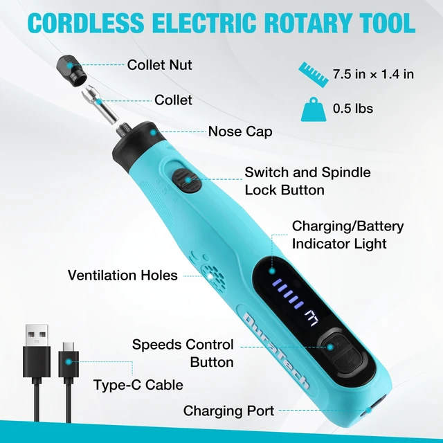 Alt view image 3 of 7 - 3.6V Cordless Rotary Tool Kit with 135PC Accessories | Lightweight, Type-C Rechargeable, 6 Variable Speed,Sanding, Polishing, Carving, Cutting, Drilling, DIY Crafts