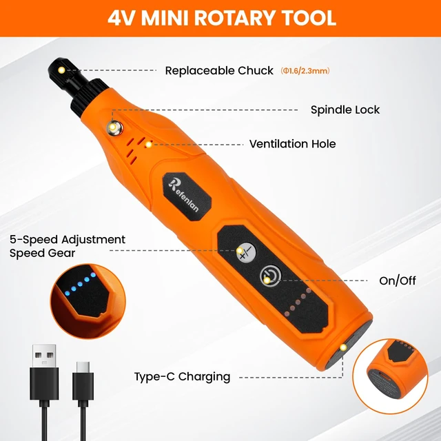 Alt view image 2 of 7 - 4V Mini Cordless Rotary Tool Kit, 5-Speed 18000RPM, 109Pcs(Orange) | Type-C Charging, Lightweight, for Engraving, Drilling, Sanding, Grinding, 3D Printing Model Polishing