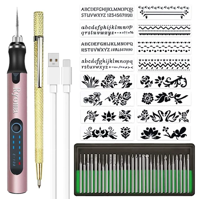 Main image of Rechargeable cordless Electric Micro Engraver Pen Mini DIY Engraving Tool Kit for Metal Glass Ceramic Plastic Wood Jewelry with 30 Bits and 16 Stencils and 1 Scriber Pen