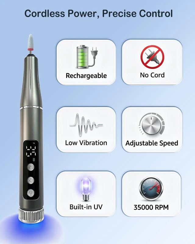 Alt view image 2 of 7 - Cordless 35000 RPM Polishing Repair Kit for False Teeth with UV Light | 35,000 RPM Cordless | USB-C Rechargeable | Easy Grip, Low Vibration, for Older Hands | Built-in UV Light | Knob Speed Control