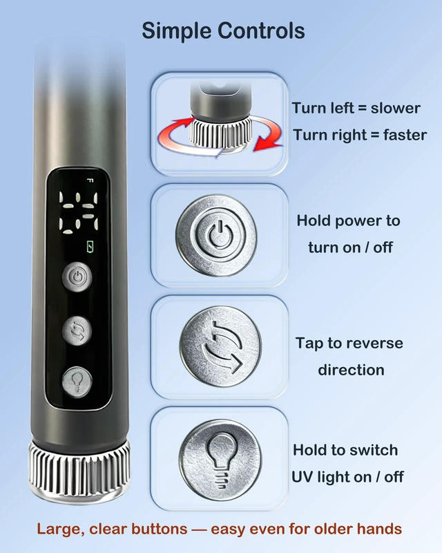 Alt view image 5 of 7 - Cordless 35000 RPM Polishing Repair Kit for False Teeth with UV Light | 35,000 RPM Cordless | USB-C Rechargeable | Easy Grip, Low Vibration, for Older Hands | Built-in UV Light | Knob Speed Control