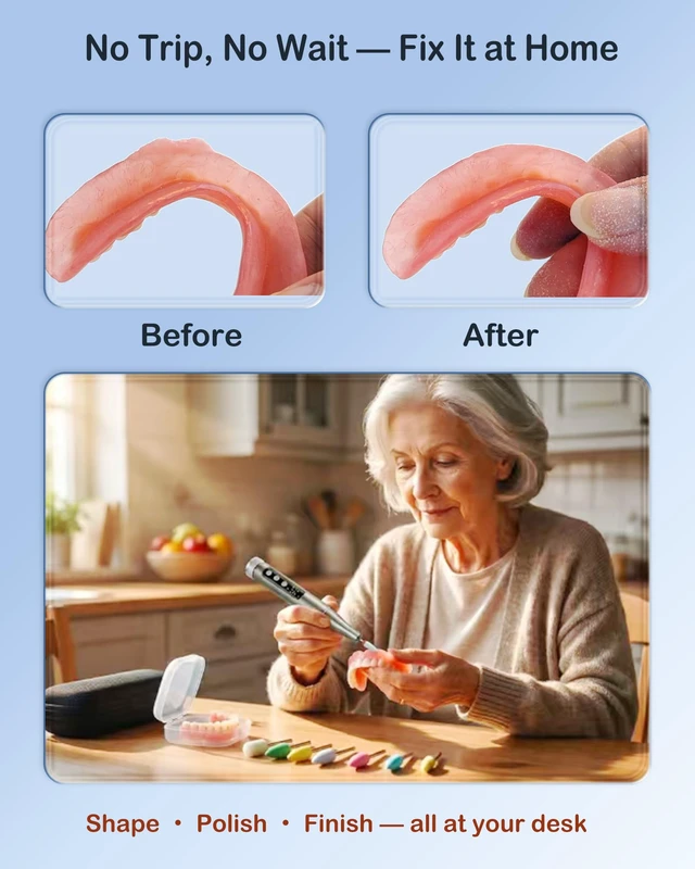 Alt view image 7 of 7 - Cordless 35000 RPM Polishing Repair Kit for False Teeth with UV Light | 35,000 RPM Cordless | USB-C Rechargeable | Easy Grip, Low Vibration, for Older Hands | Built-in UV Light | Knob Speed Control