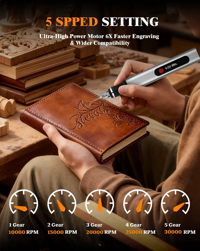 Alt view image 5 of 7 - Cordless Engraving Pen for Metal Wood Glass Plastic, Engraving Tool 44Kits, 5 Speeds Up to 30000RPM, 500mAh USB Rechargeable Engraver Kit Craft Gifts for Teens Adults Beginner with Guide Book (Metal)