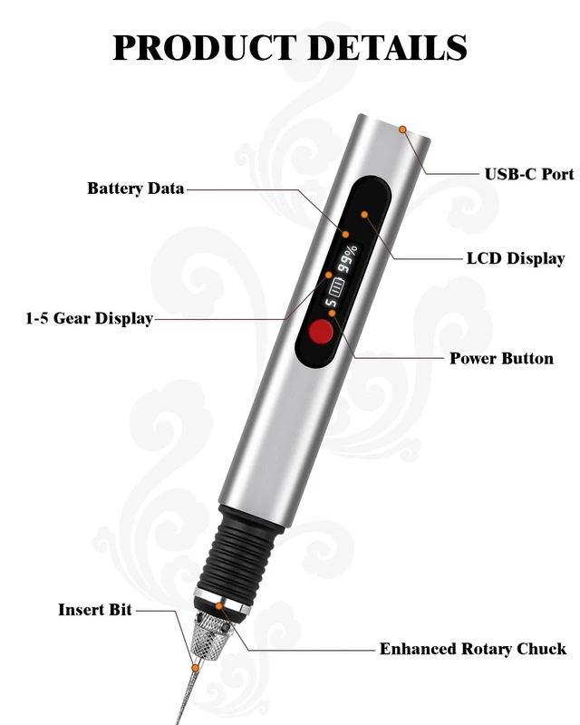 Alt view image 4 of 7 - Cordless Engraving Pen for Metal Wood Glass Plastic, Engraving Tool 44Kits, 5 Speeds Up to 30000RPM, 500mAh USB Rechargeable Engraver Kit Craft Gifts for Teens Adults Beginner with Guide Book (Metal)