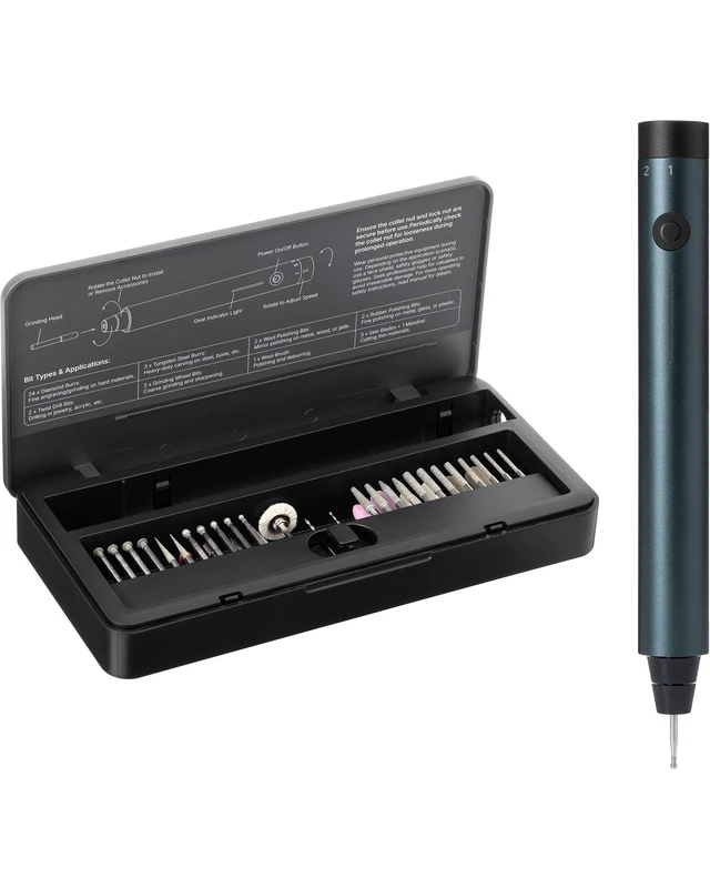 Main image of Engraving Pen, Cordless 5-in-1 Rotary Tool for All Materials | 50+ surfaces include glass; 12,00025,000 RPM 5-speed motor; 160 gf·cm of anti-twist torque;