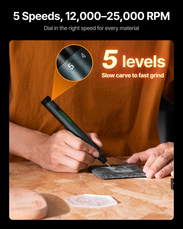 Alt view image 2 of 7 - Engraving Pen, Cordless 5-in-1 Rotary Tool for All Materials | 50+ surfaces include glass; 12,00025,000 RPM 5-speed motor; 160 gf·cm of anti-twist torque;