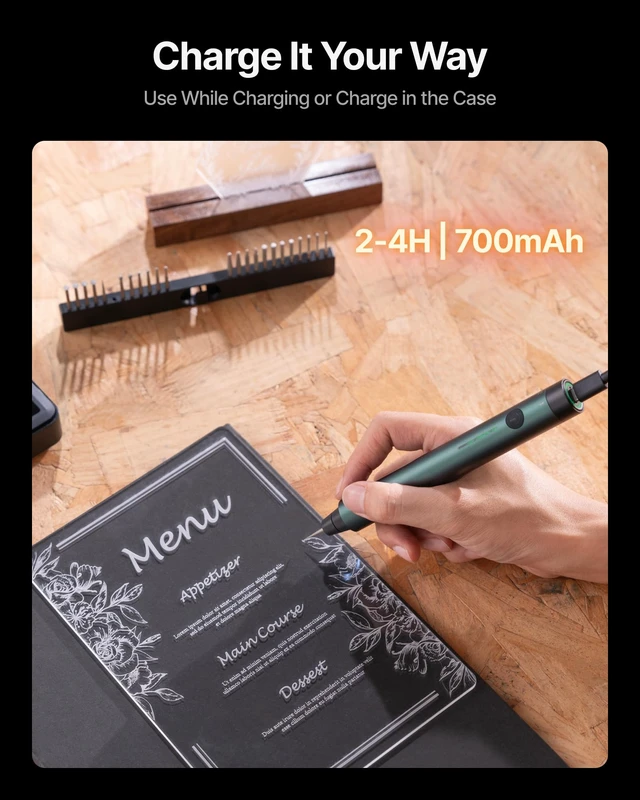 Alt view image 7 of 7 - Engraving Pen, Cordless 5-in-1 Rotary Tool for All Materials | 50+ surfaces include glass; 12,00025,000 RPM 5-speed motor; 160 gf·cm of anti-twist torque;