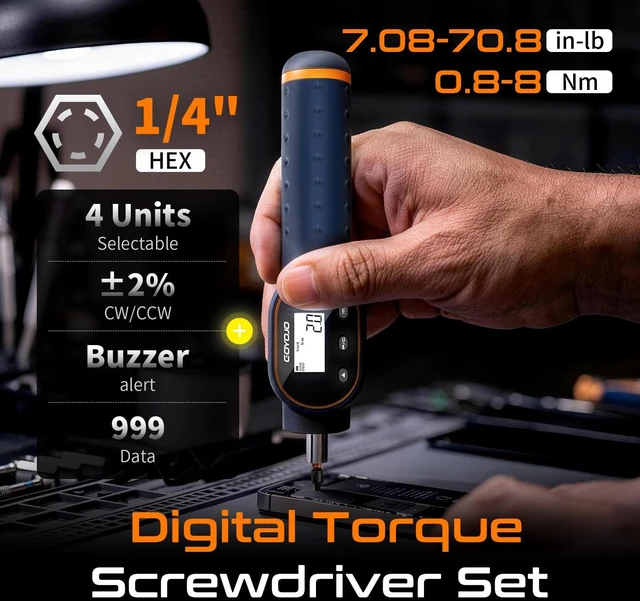Alt view image 2 of 7 - Digital Torque Screwdriver, 7.08-70.8 in-lb, 1/4 Drive with S2 Bits | ±2% Accuracy, Magnetic Bits, Buzzer Alerts and 999 Data Records for Maintenance, Electronics and Bike Repair