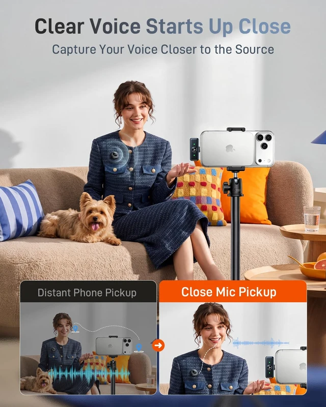 Alt view image 2 of 7 - Wireless Lavalier Microphone for iPhone Android, AI Noise Reduction | Studio-Grade Audio Quality, 45H Battery Life, 100ft Stable Wireless Range, Magnetic Dual Wearing Options, Clear Voice Capture