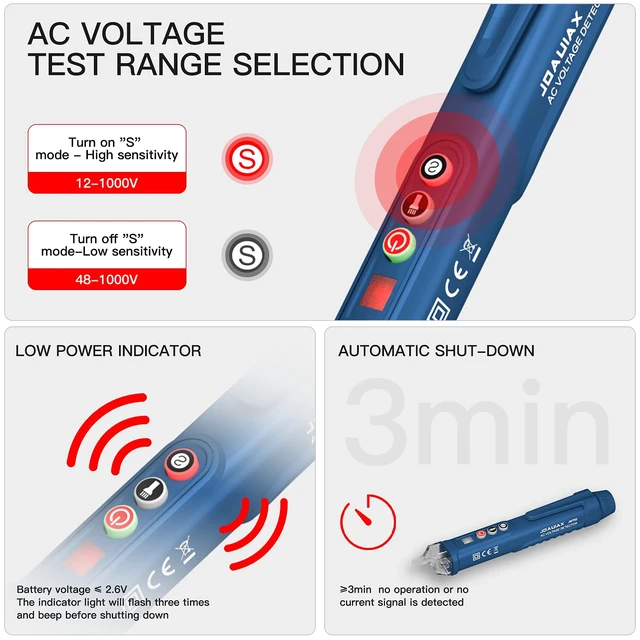Alt view image 2 of 7 - Non-Contact Voltage Tester,Electrical Voltage Detector Pen Null/Live Wire Tester Breakpoint Finder Voltage Measuring Tool Dual Range AC 12V/48V-1000V