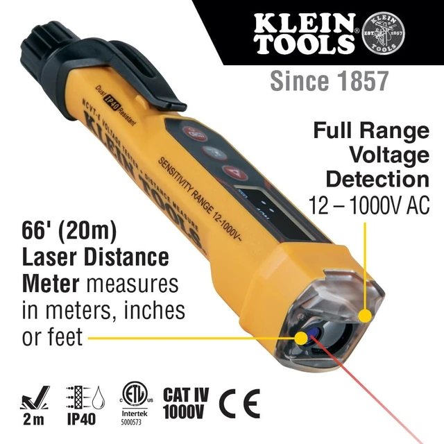 Alt view image 2 of 7 - NCVT-6 Non-Contact Volt Tester, 12 - 1000V AC Pen with Integrated Laser Distance Measure, LED and Audible Alarms, Pocket Clip