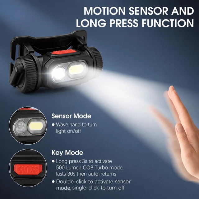 Alt view image 5 of 7 - LED Rechargeable Headlamp Flashlight for Camping Red | LED Headband Light with Motion Sensor Dual Power: Battery & Rechargeable, Waterproof Work Light for Hiking Fishing Running