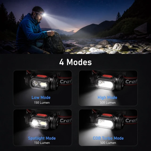 Alt view image 7 of 7 - LED Rechargeable Headlamp Flashlight for Camping Red | LED Headband Light with Motion Sensor Dual Power: Battery & Rechargeable, Waterproof Work Light for Hiking Fishing Running