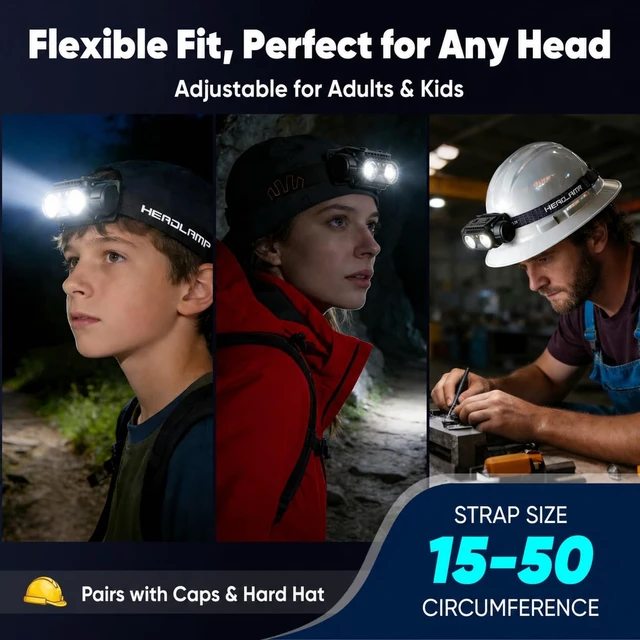Alt view image 5 of 7 - Rechargeable LED Headlamp, 2-Pack Super Bright Head lamp with Motion Sensor, 45° Adjustable Head Lights for Forehead Hard Hat, 7 Modes Waterproof Camping HeadLamps for Adults Kids