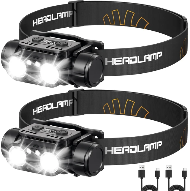 Main image of Rechargeable LED Headlamp, 2-Pack Super Bright Head lamp with Motion Sensor, 45° Adjustable Head Lights for Forehead Hard Hat, 7 Modes Waterproof Camping HeadLamps for Adults Kids