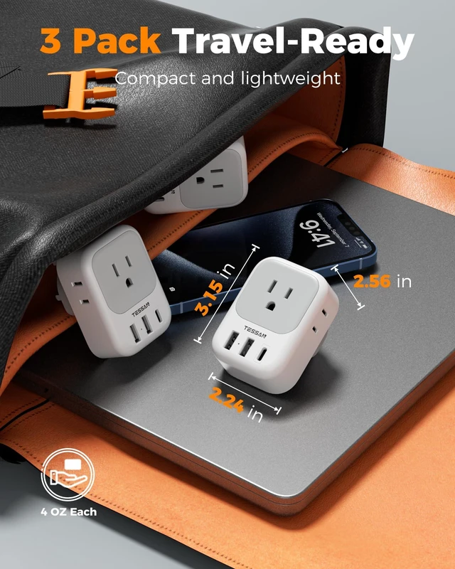 Alt view image 5 of 7 - Type G Adapter for Travel 3 Pack, US to UK Plug Adapter | 4 Outlets 3 USB Ports, USA to Ireland England London Scotland Dubai Singapore Hong Kong British UAE